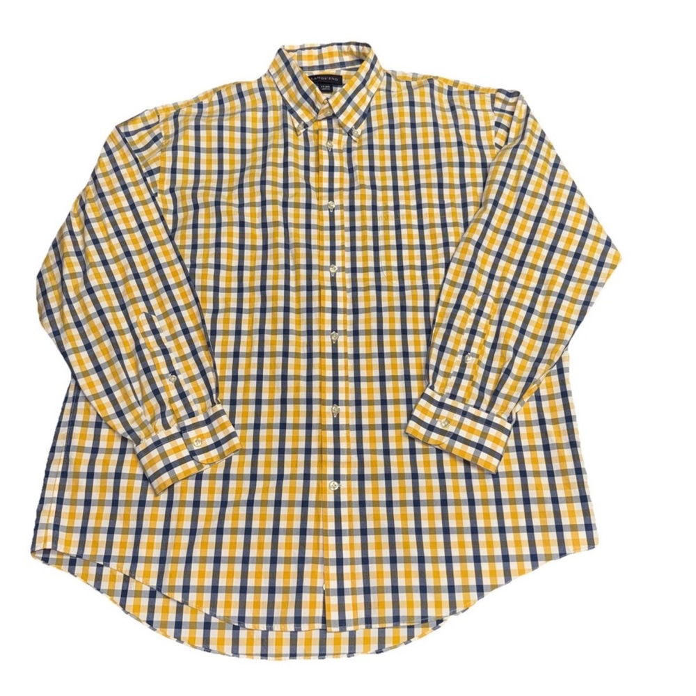 Lands End Mens Button Down Long Sleeve Navy Yellow Plaid Size‎ 17-33 Berkeley